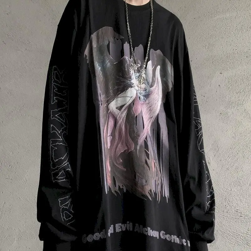 

Long-sleeved T-shirt Demon Goddess Dark High Street Gothic Retro abstinence funeral Long-sleeved T-shirt oversize tide
