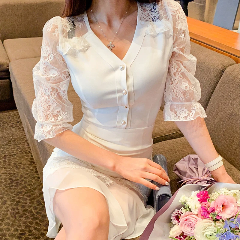 

new arrival fashion sets for women summer sexy lace sleeve perspective thin elegant fresh white simple slim two piece set