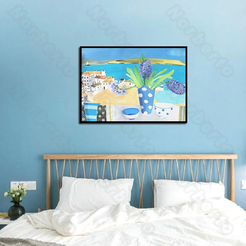 

Children's Drawing Picture Wall Murals Canvas Painting Poster Seaside Landscape with Buildings Plants for Living Room Decoration