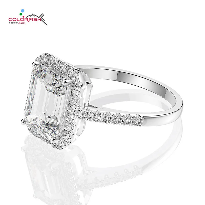 

COLORFISH Solid 925 Sterling Silver 8mm x 10mm Emerald Cut 1.5 ct Halo Engagement Ring Women Anniversary Promise Charm Jewelry