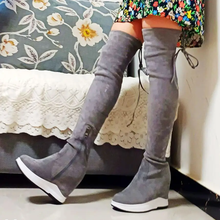 

Plus size EUR34-46 Thigh High Fashion Sneaker Women Stretchy Over the Knee Tall Boots Platform Wedges High Heel Pumps