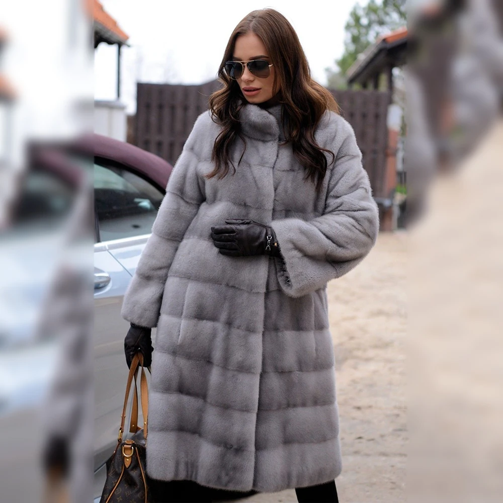 Winter Fashion Women Real Mink Fur Coat Stand Collar Luxury 100cm Long Full Pelt Genuine Mink Fur Coats 2021 New Fur Overcoats