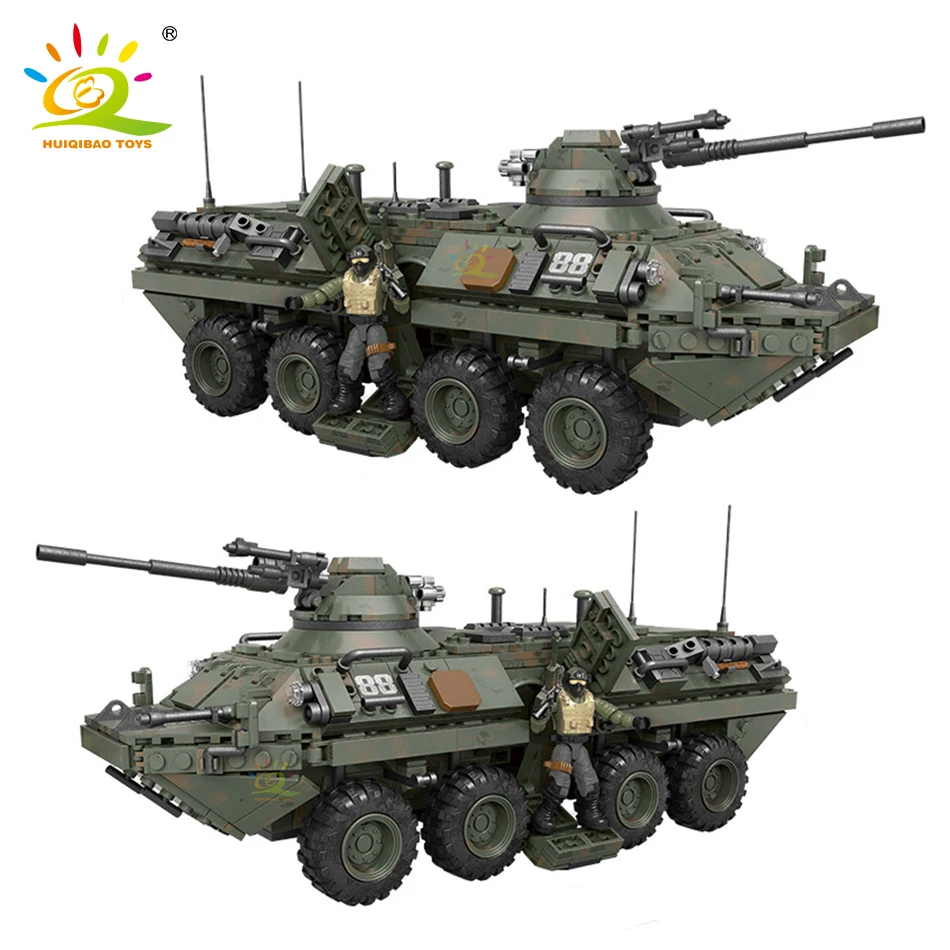 

HUIQIBAO 1036pcs Military Vehicle Building Blocks US WW2 Tank Model Armored Car Army Soldiers Weapons Bricks Toys for Children