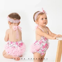 0 2 year old baby rose flower print lace sling belly band toddler diaper shorts romper bow headband 2piece set