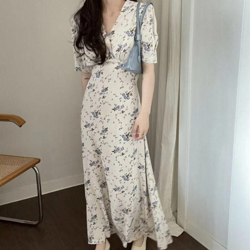 

HziriP Summer New Hot Korean V-Neck Gentle Long Floral 2021 Ladies All-Match Chic Fashion Casual Elegant Slim High Waist Dress