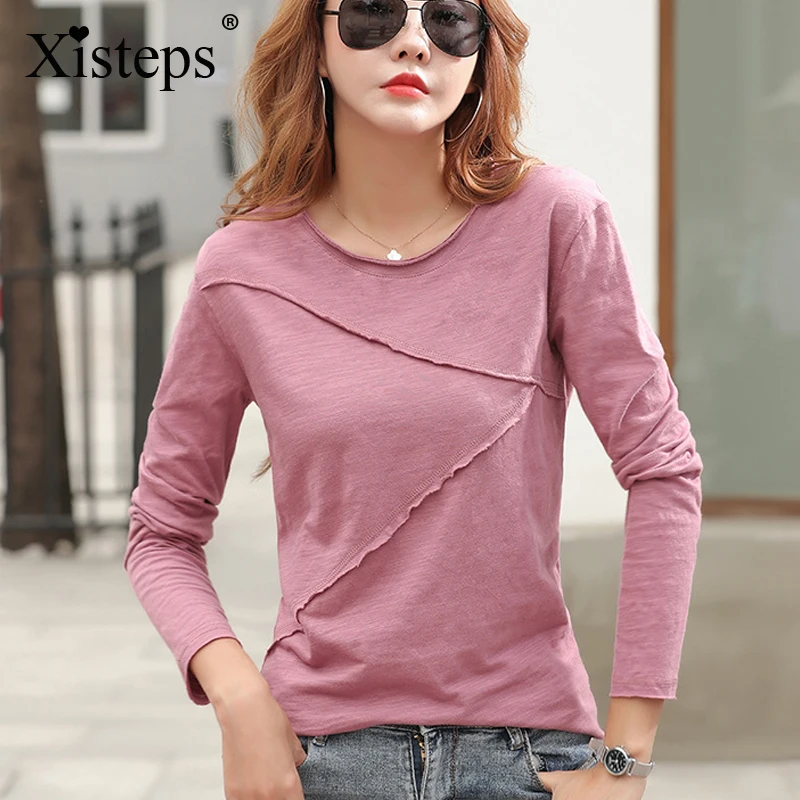 

Xisteps, хлопок, костюм, новая осенняя женская футболка с длинным рукавом, однотонные, с обычным круглым вырезом Женская обувь в стиле пэчворк б...