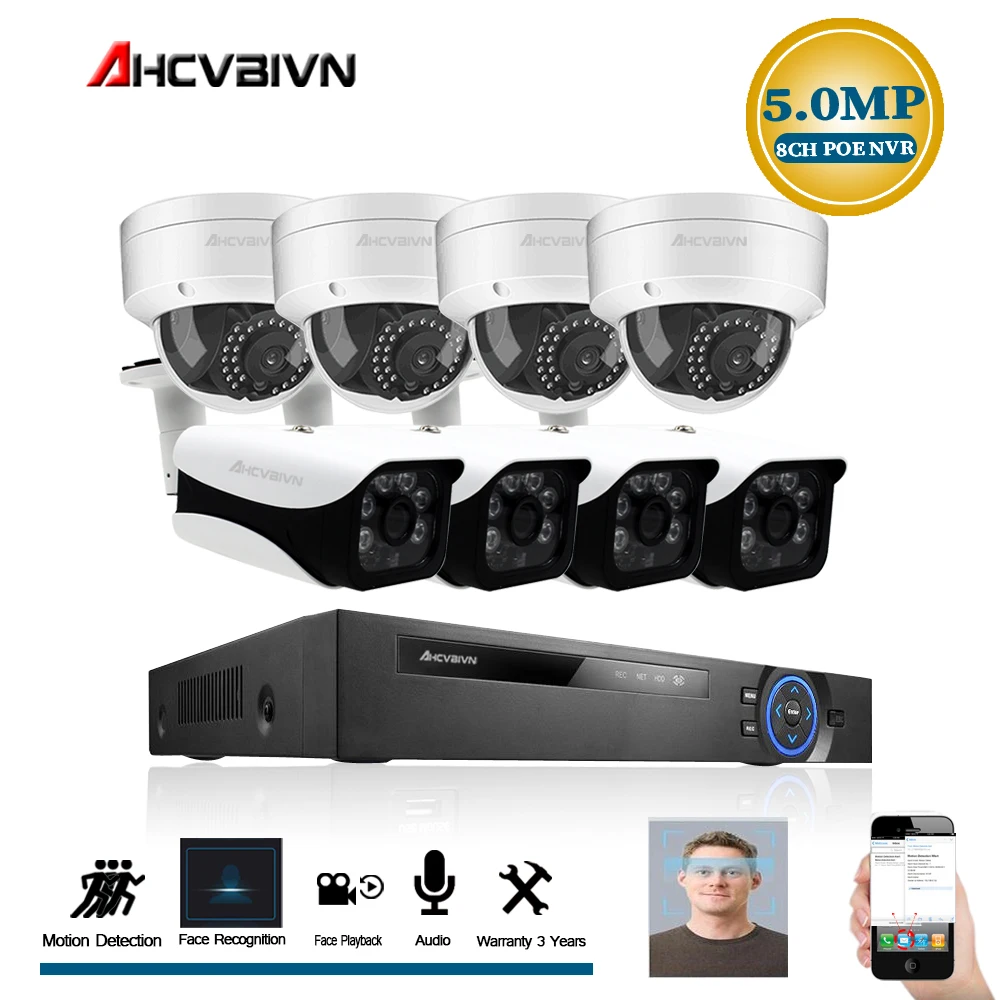AHCVBIVN 8CH комплект видеонаблюдения 5MP система безопасности камера POE NVR с 5.0MP IP CCTV