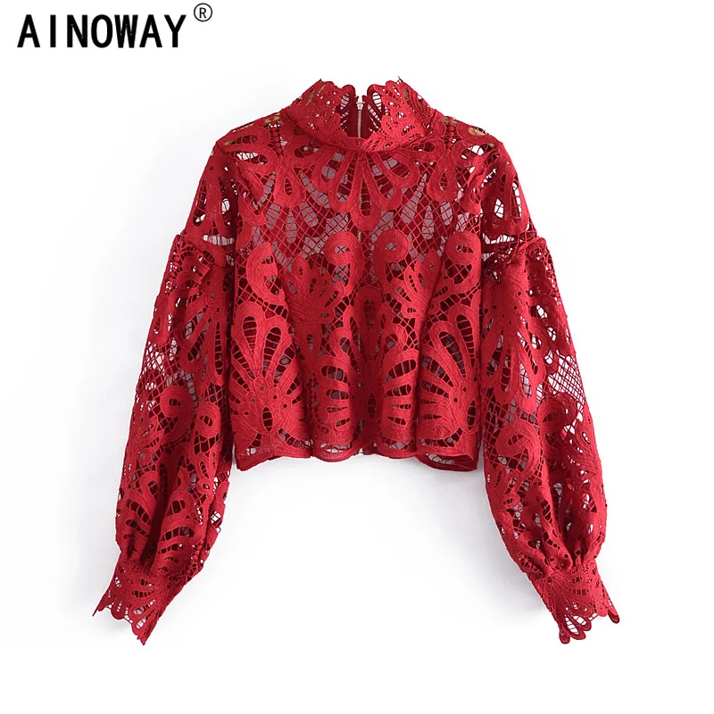 Винтажные шикарные женские топы ажурная богемная блузка рубашка женская на