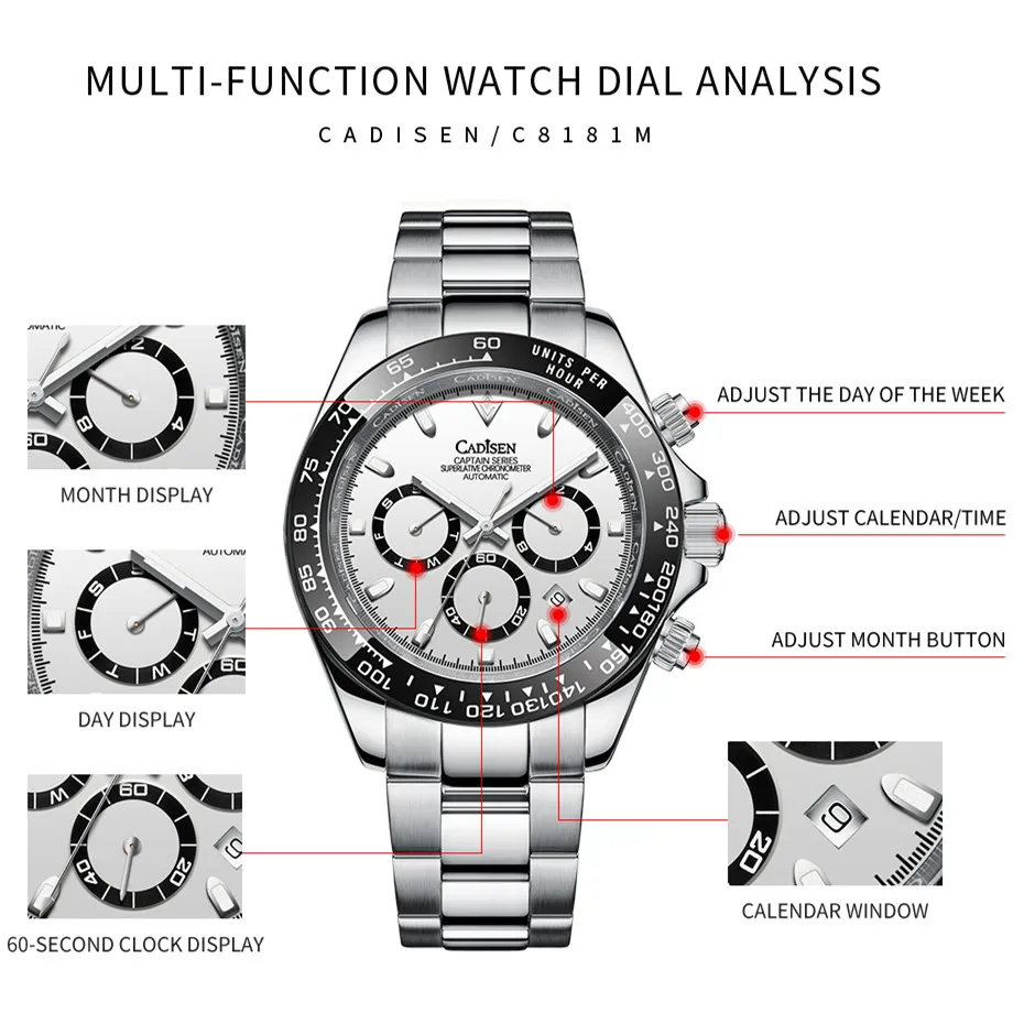 

CADISEN Automatic Machinery Men's Watches Ceramics Daytona Watch Stainless Steel Waterproof Wristwatch Sapphire Glass Mens Clock