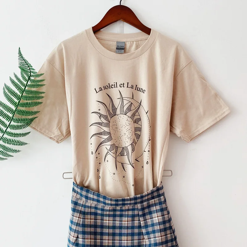 

VIP HJN Lasolei Graphic Top Women Short Sleeve Sun Moon Funny Printed T Shirt Cotton O-Neck Fashion Street Style Tops for Female
