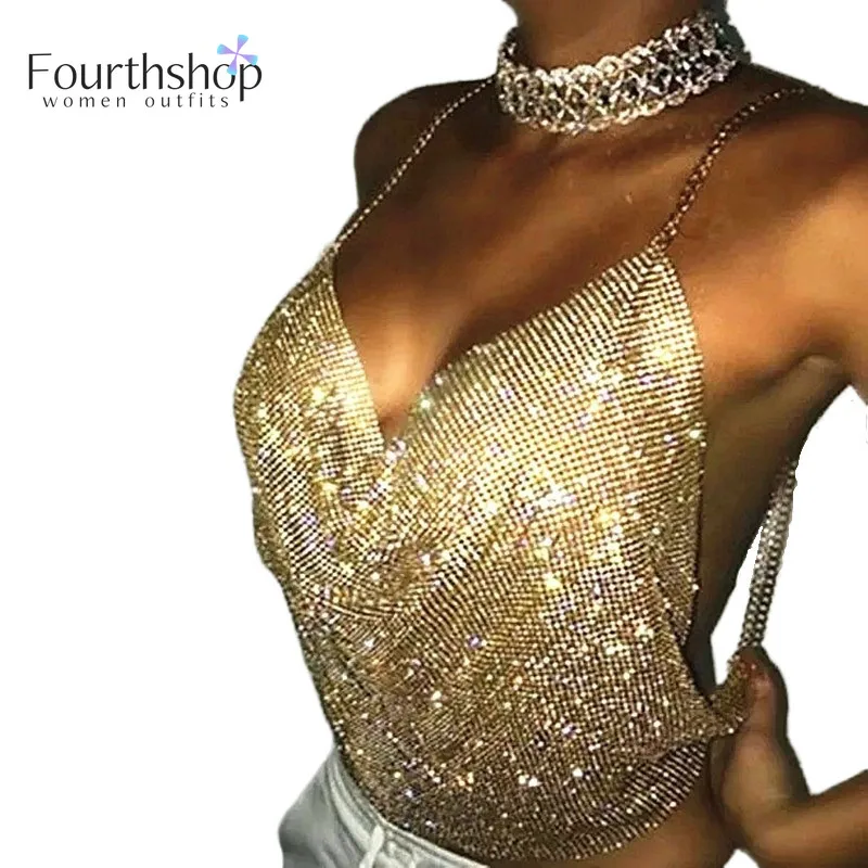 Сексуальный Топ Для женщин с низким вырезом на спине металлическими блестками