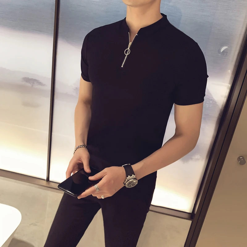 Summer Man Solid Color Zipper Polo Korean Mens Shirt Reserved Camiseta Masculina Short Sleeved Slim Fit 2020 Clothing | Мужская одежда