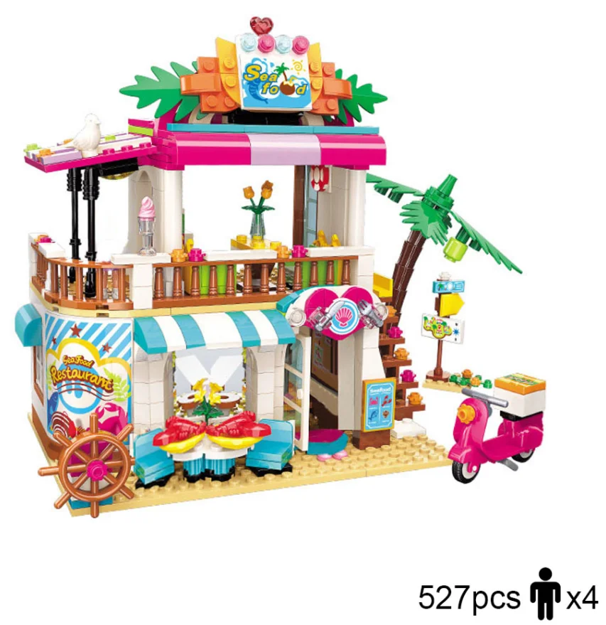 

Enlighten Girl Friends Seaside Beach Park Camping Villa Model Building Blocks Figure Toys For Children Christmas birthday Gift