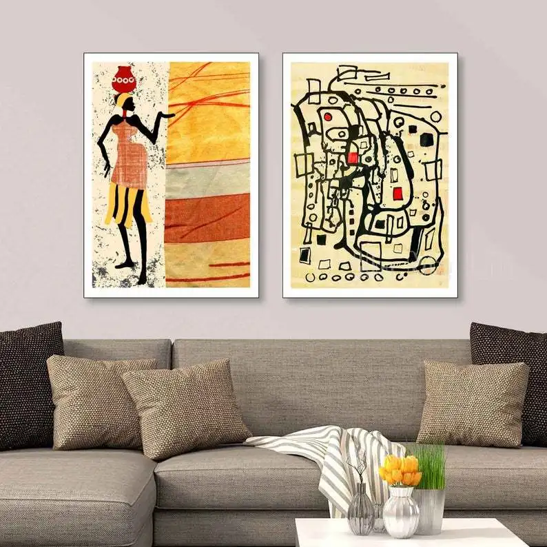 

Afro Wall Art Decor Earth Tone Print Set Of 2 Dancing African Woman Ethnic Canvas Artwork Modern Art
