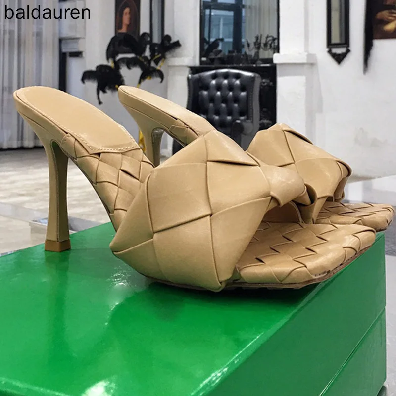 

New Brand Women's Slippers Square Toe Stiletto Sandals Female High Heels Fashion Weave Dress Shoes