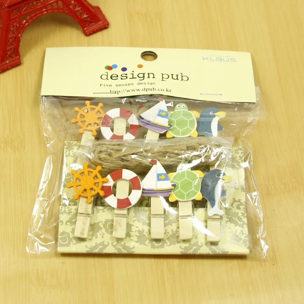 

10 pcs/lot Sailing Life buoy Wooden Clip Photo paper Clothespin Craft Clips Party Decoration Clip with Hemp Rope
