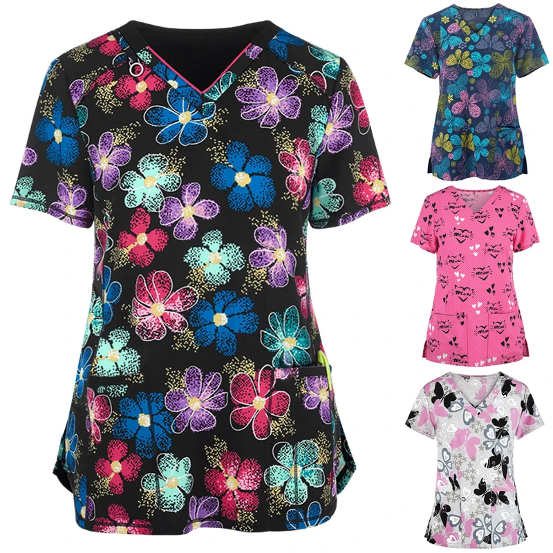 

Nurse Uniform Women Short Sleeve V-neck Tops Working Uniform Scrubs Top 2021 Hot Ladies Blouse Nursing  