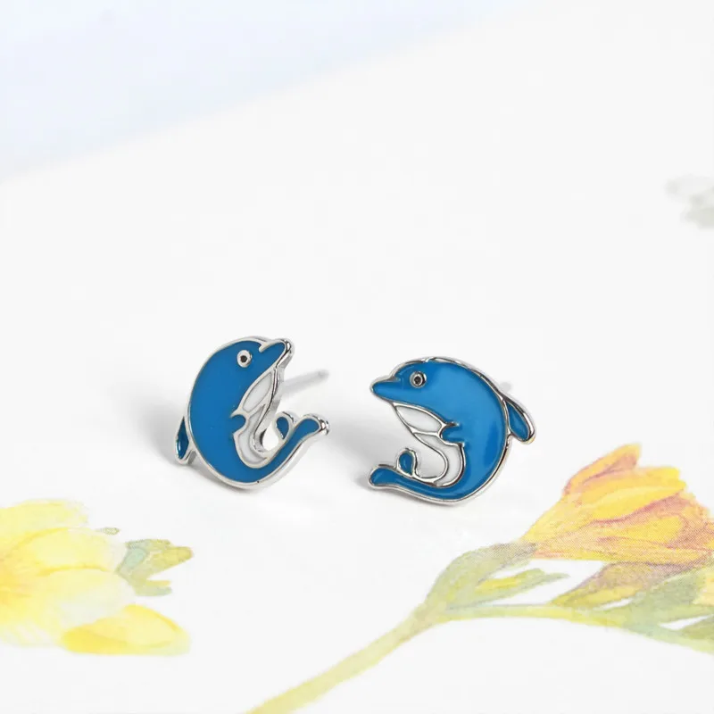 

Fengxiaoling 2020 New Cute Blue Earrings For Women Fine 925 Sterling Silver Mini Dolphin Stud Earrings Fashion Jewelry