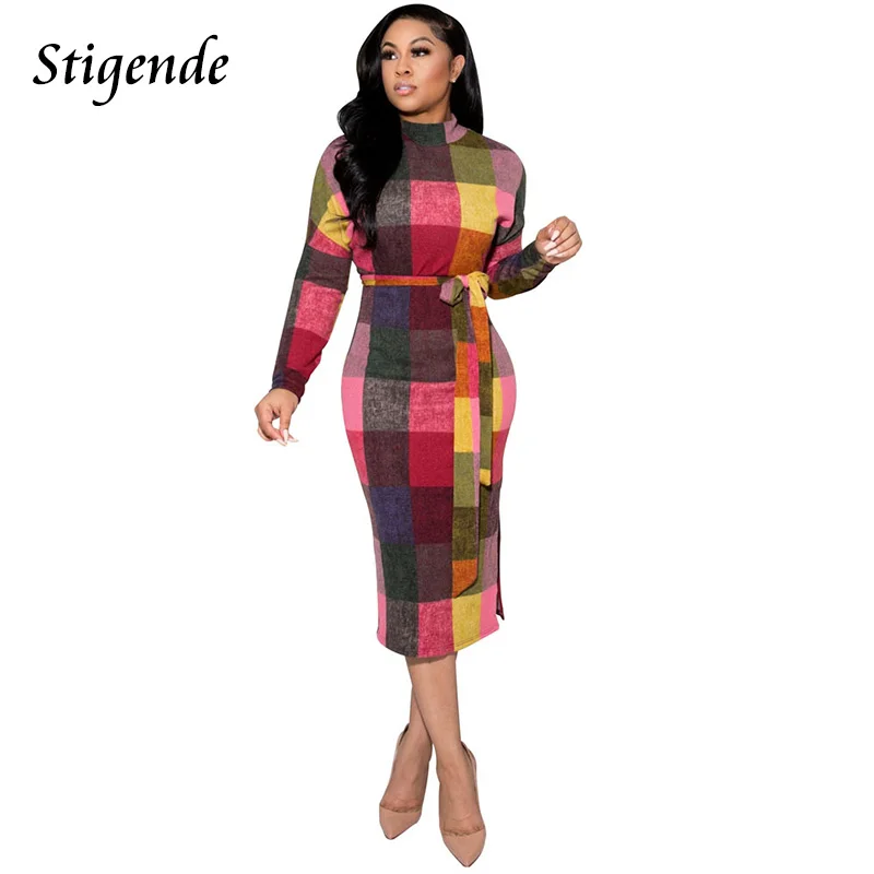 

Stigende пикантным дизайном сбоку Разделение Бандажное платье в клетку для женщин свободного покроя с длинным рукавом платья карандаш женские ...