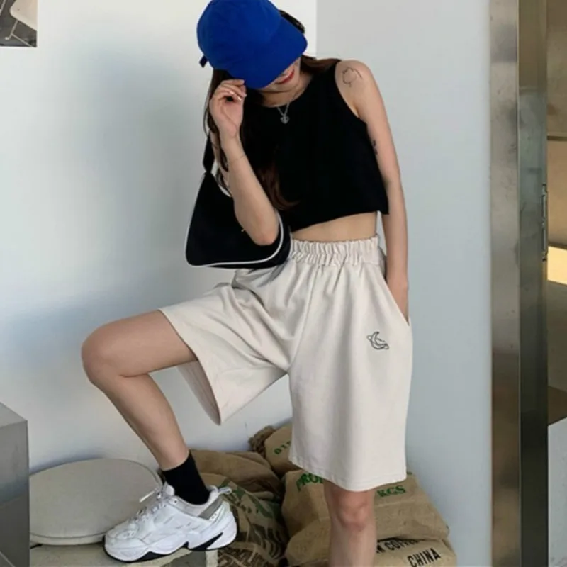 

Shorts Women Embroidery Elasticity Lovely Girls Korean Style Sweet Students Harajuku Colorful Simple Oversize Trousers Female