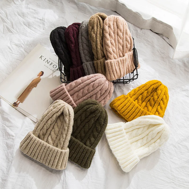 

Hat Female Autumn And Winter Warm Cable Knit Wool Cap Korean-style Versatile Set of Head Cap-Style Casual Earmuff Beanie Hat-