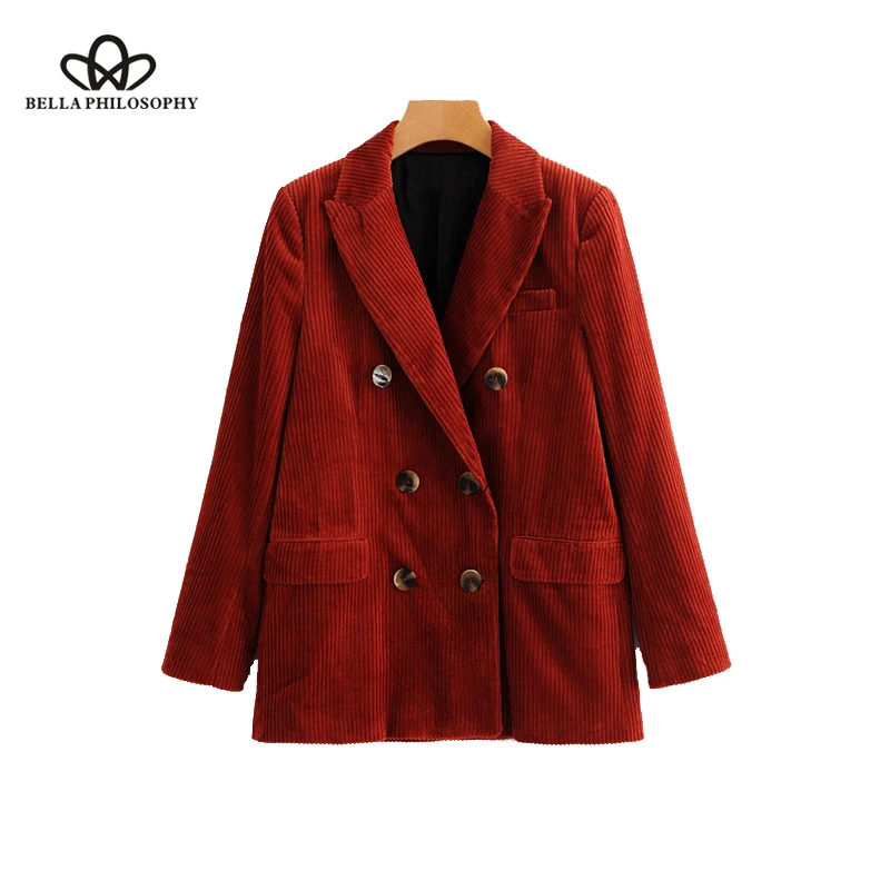 

HStar 2020 autumn women corduroy blazer thick Retro Double Breasted Blazer office Coats Suits Women Outerwear