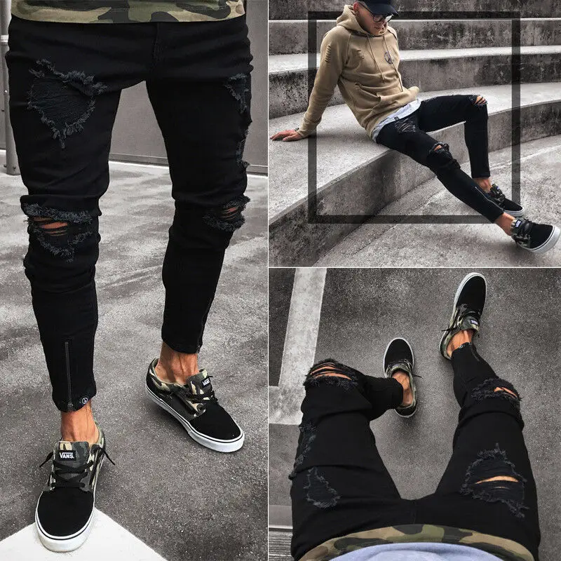 

2021 Newest Fashion Men's Ripped Skinny Jeans Destroyed Frayed Slim Fit Denim Pant Zipper Hot Sale Casual Pants