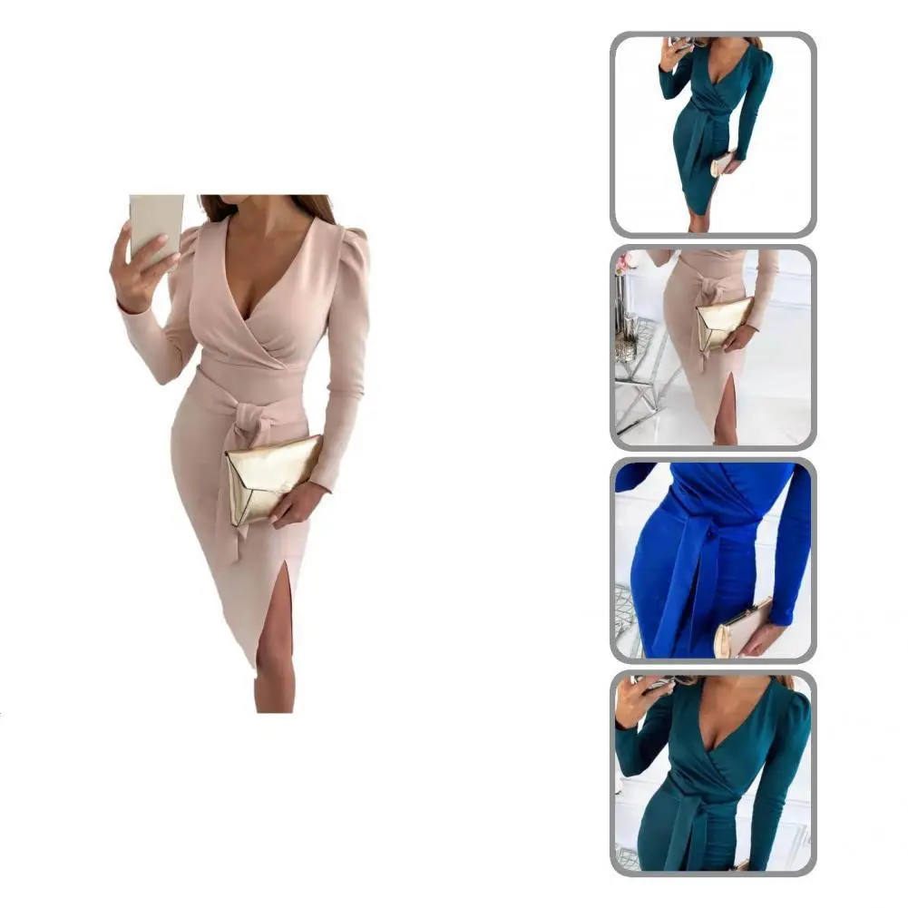 

Solid Color Sexy Bodycon Belt Waist Tied Lady Office Dress Lightweight Women Dress Long Sleeve for Outdoor