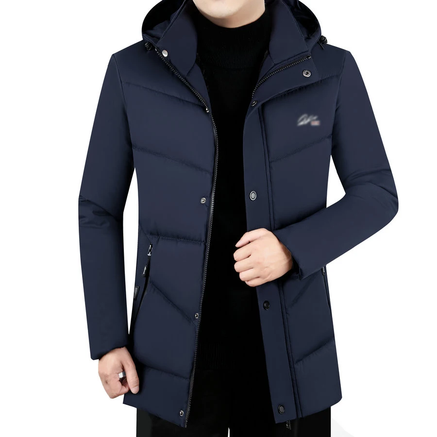 

Black Blue Hooded Puffer Paraks Men Winter Thermal Thicken Fleece Lining Puff Jacket Hood Detachable Warm Quilted Outerwear Male