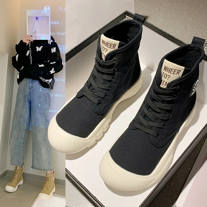 

2021 autumn new fashion Korean version of thick-soled sponge cake with color matching lace-up high-top shoes