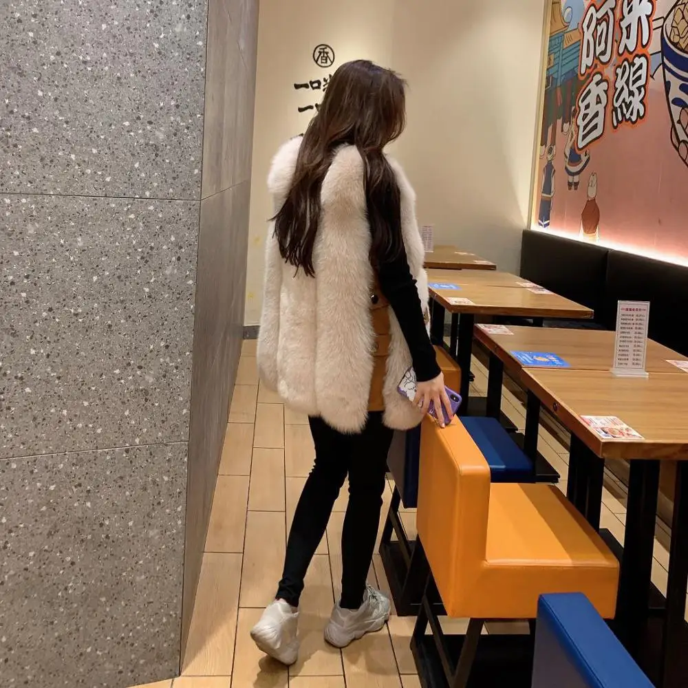 FURSARCAR 70cm Long Genuine Motorcycle Leather Vest For Women Real Natrual Fox Fur Waistcoat Feamle Winter Sheep Skin Fur Gilet