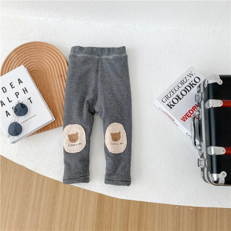 

Новинка 2021, зимняя детская одежда MILANCEL, полосатые утепленные леггинсы для девочек, хлопковые теплые брюки с медведем, Повседневные детские ...