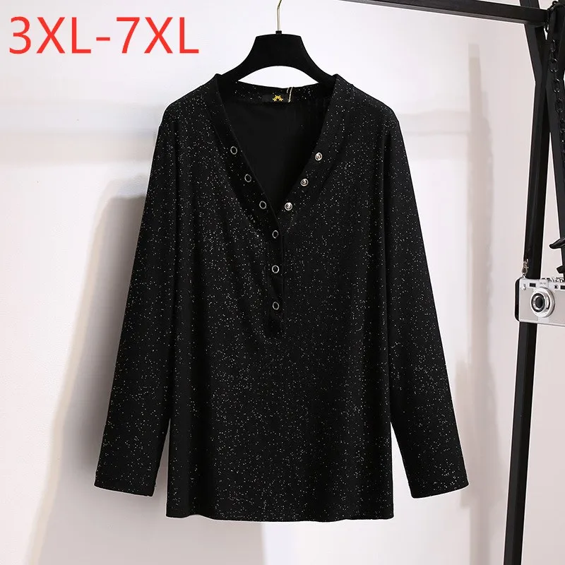 

Missfansiqi New Spring Autumn Plus Size Tops For Women Deep V- Neck Loose Long Sleeve Black Sequins T-shirt 3XL 4XL 5XL 6XL 7XL