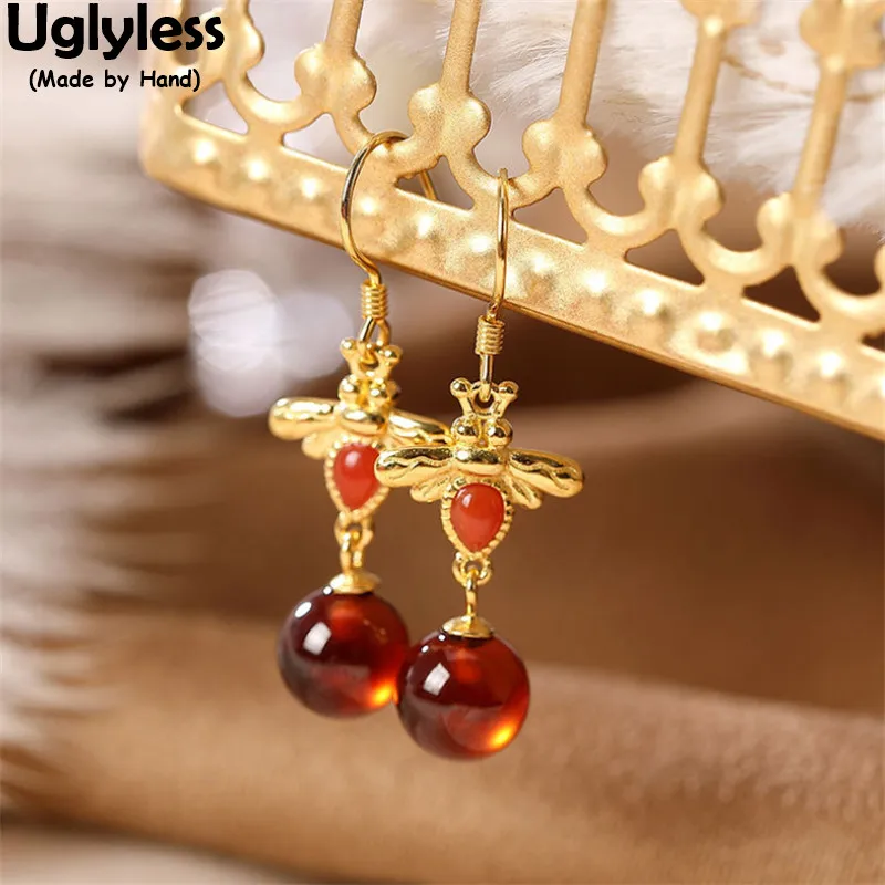 

Uglyless Tempted Red Garnet Earrings for Women Handmade Bees Dangle Earrings Gold Agate Brincos Bijoux 925 Silver Insect Jewelry