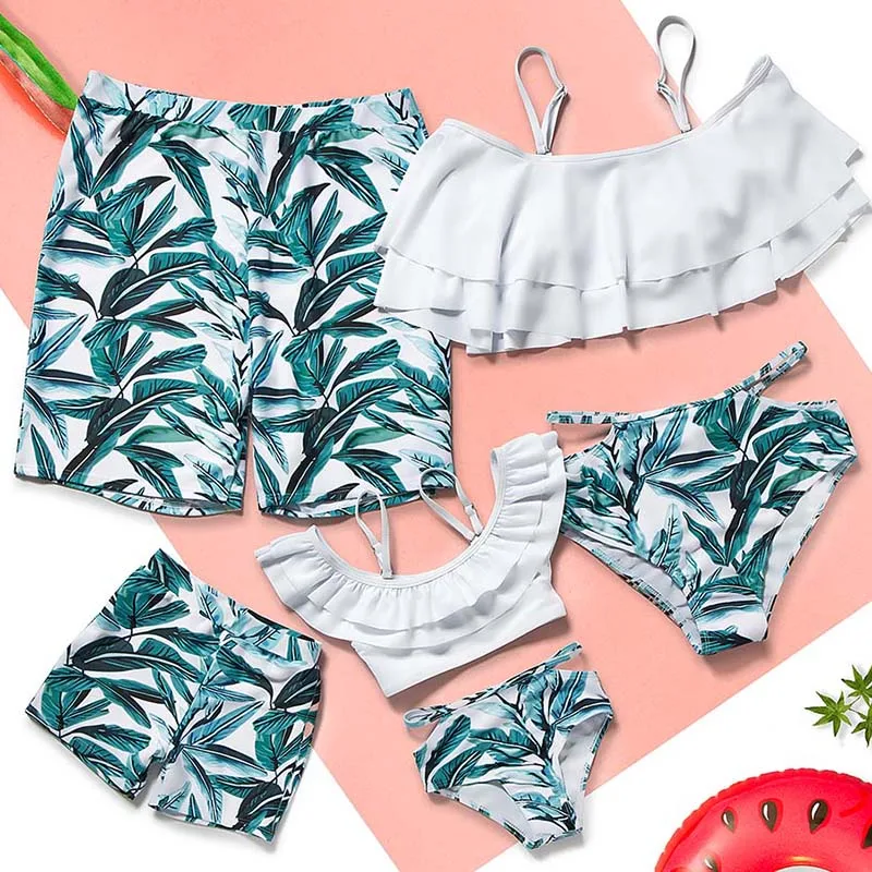 Пляжная одежда для всей семьи гофрированные Купальники бикини мамы дочки