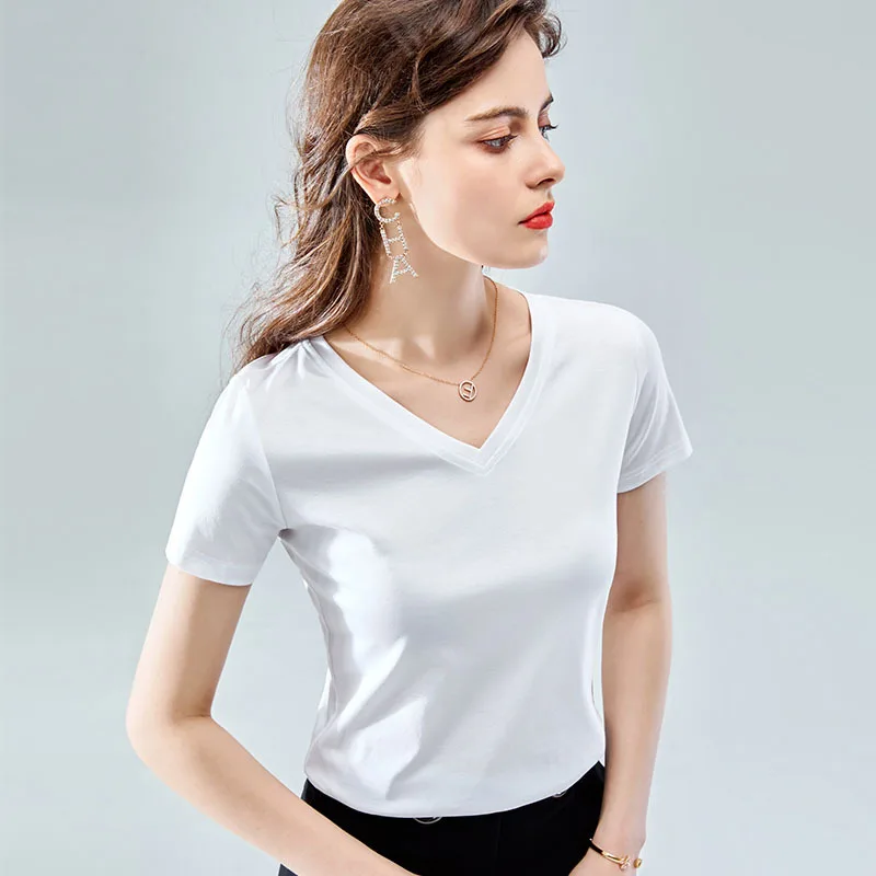 

80 thread mercerized cotton short sleeve T-shirt women's 2021 summer new women's half sleeve V-neck solid color loose