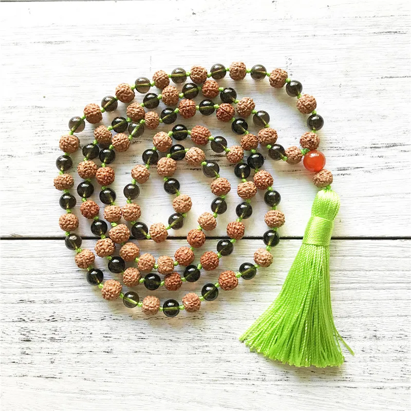 Ожерелье рудракша и смокикварц 108 Мала Бусы ожерелье с кисточкой ювелирные