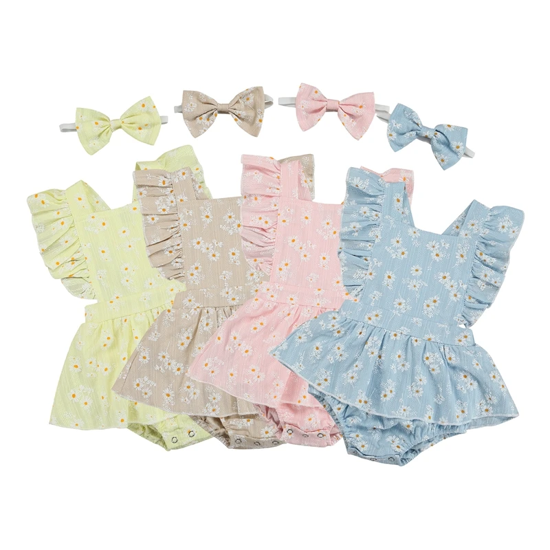 

0-24 Months Baby Romper with Headband Daisy Print Square Collar Ruffle Fly Sleeve Bodysuit+ Hairband for Girls Clothes