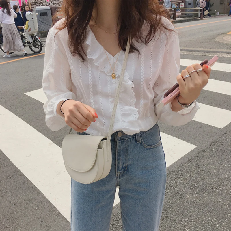 Blusas Cotton Loose Women Blouses Ruffles V-neck Long Sleeve Female Shirt Tops Spring New Office White Casual 8561 |