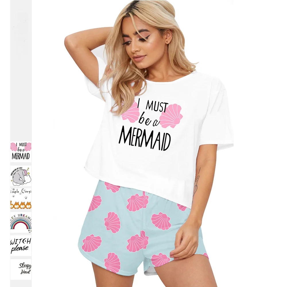 

2021 Women T-Shirts Pants Sets Cartoon Animal Print Pajamas for Ladies Summer Home Casual Clothing Daily Bathing Sleep Sleepwear