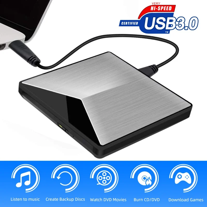 

Серебристый внешний CD DVD-накопитель USB 3,0, внешний перезаписывающий накопитель, запись, Высокоскоростная передача данных, USB Оптический прив...