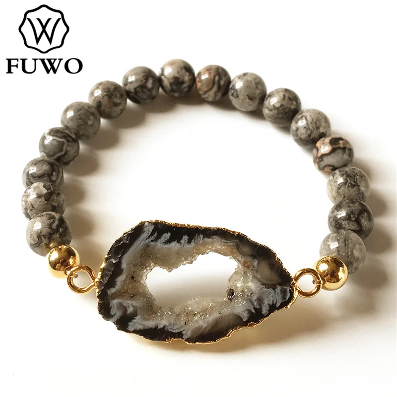 

FUWO Natural Geode Bracelet with Gold Trimmed 8mm Round Beads Geode Slice Crystal Druzy Bracelet Vintage Jewelry For Women BR253