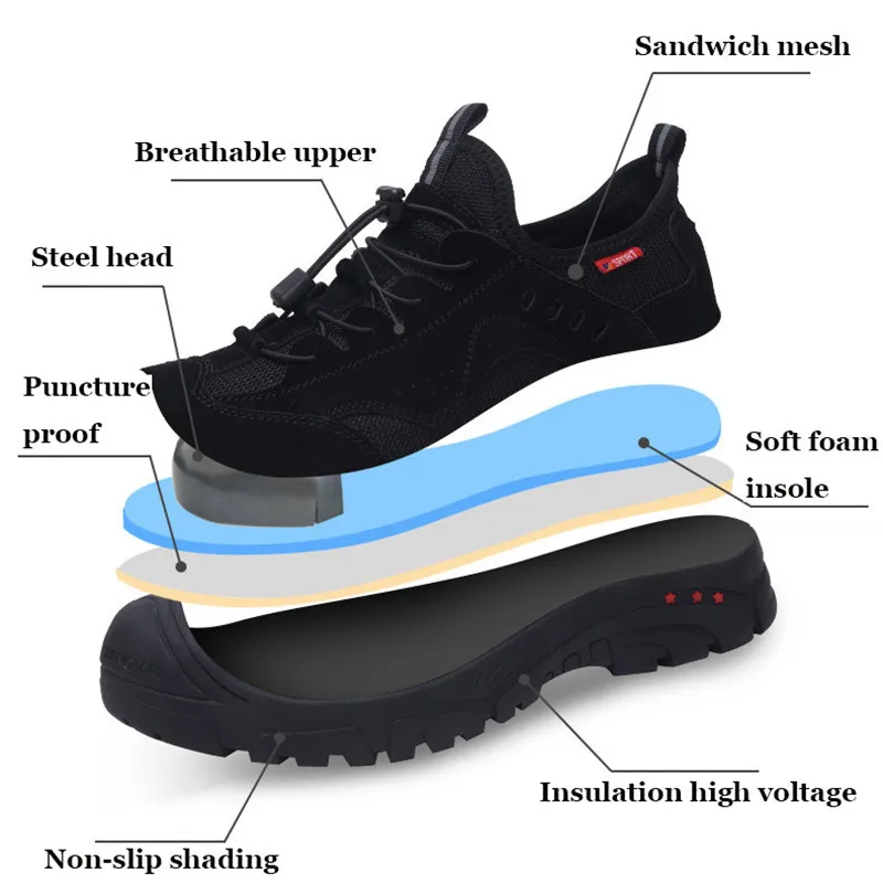 

Summer Work Boots Safety Steel Toe Shoes Men Breathable Anti-Smash Construction Steel Toe Cap Indestructible Work Shoes Hot Sale