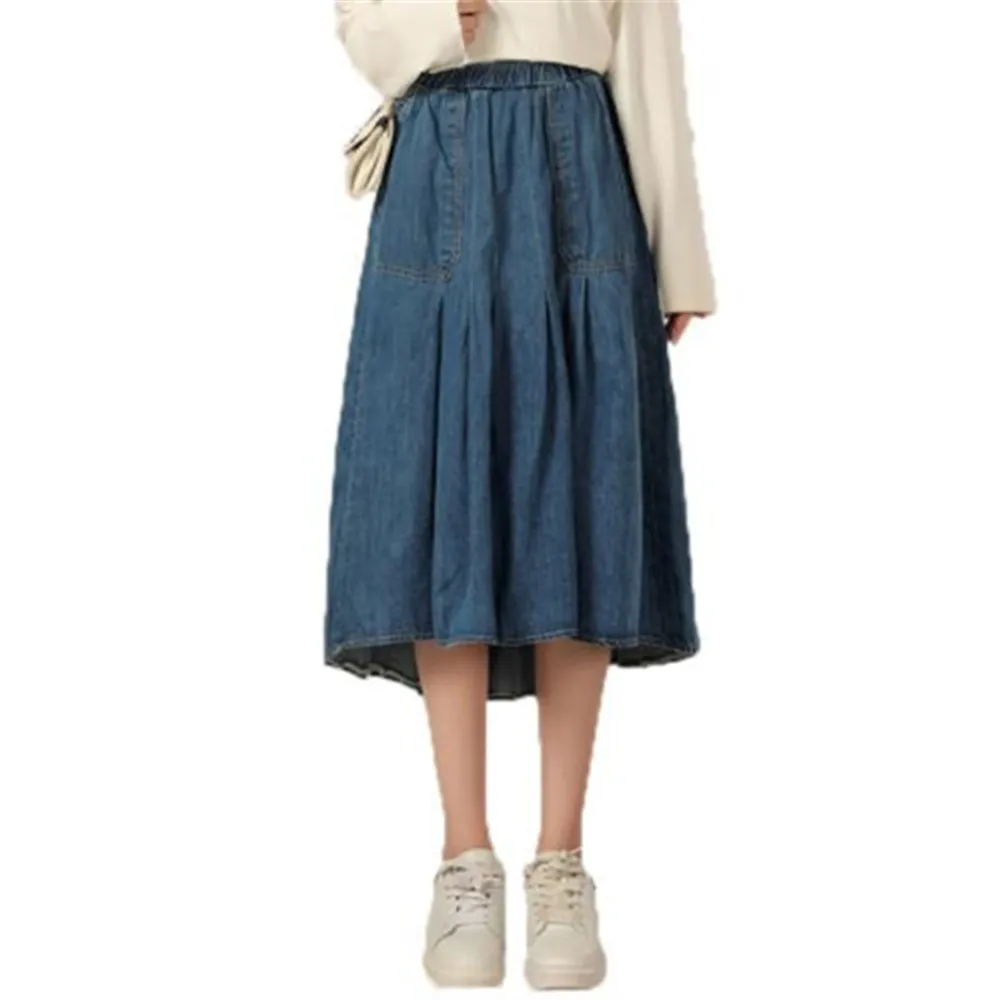 

Denim Skirts Womens Summer Solid Blue Jeans High Waist Midi Skirt Femme A-line Women Elegant Students School Sundress