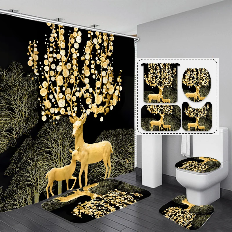 

Gold Deer Shower Curtain Brown Moose in The Forest Mountain Wildlife Theme Shower Curtain with 12 Hooks Elk Bathroom Decor