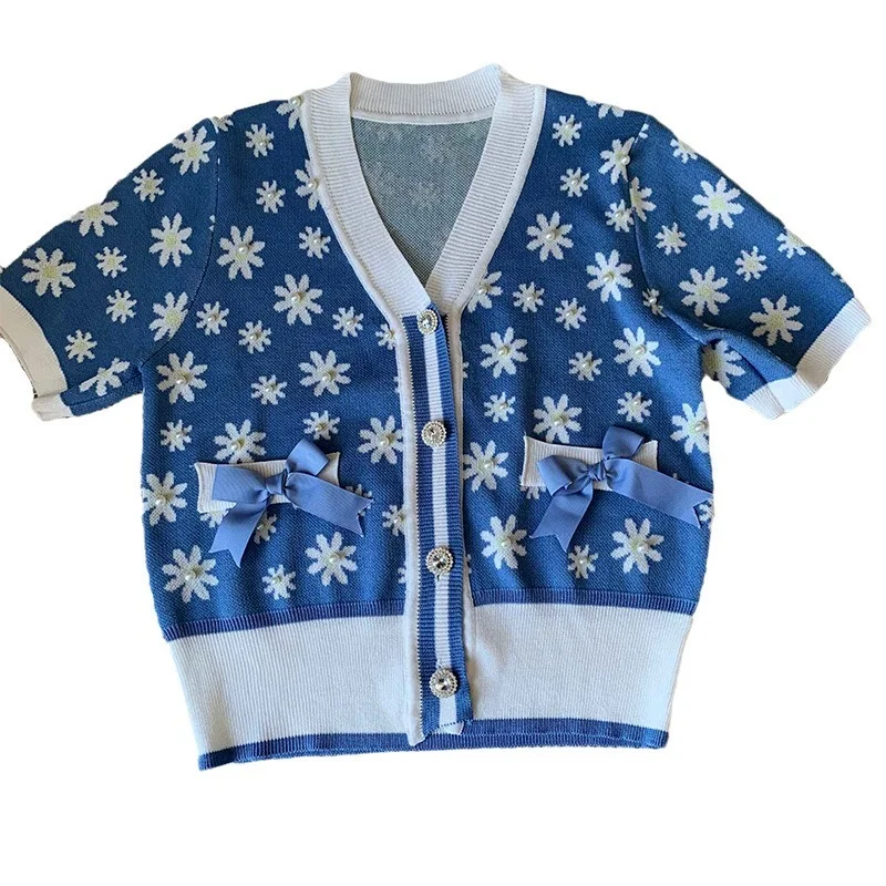 

Harajpoo Women Sweaters Summer Fall Short Sleeve Bow Knitted Cardigan 2021 New Style Print Loose Thin V Neck Cropped Casual Tops