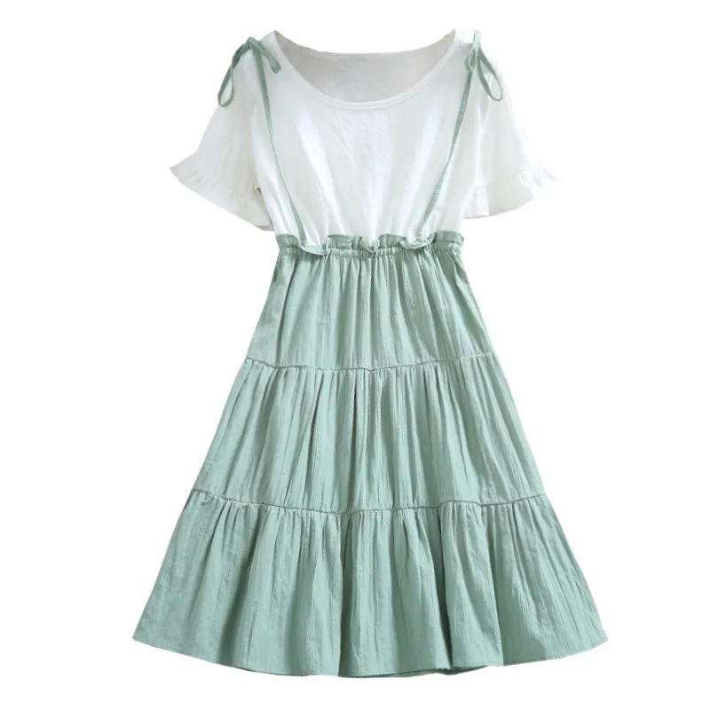 

Sweet and lovely loose and thin literary cotton and linen women's short-sleeved fake two-piece dress summer new