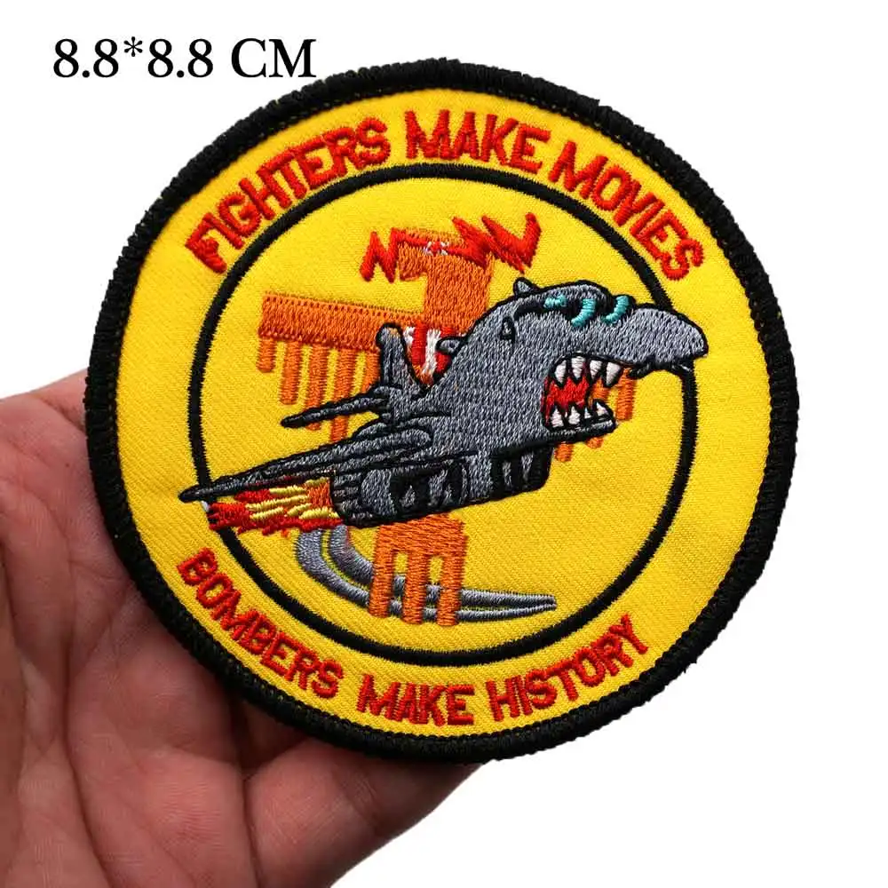 

FIGHTERS MAKE MOVIES BOMBERS MAKE HISTORY Embroidery Patches with hook backing and merrowed border