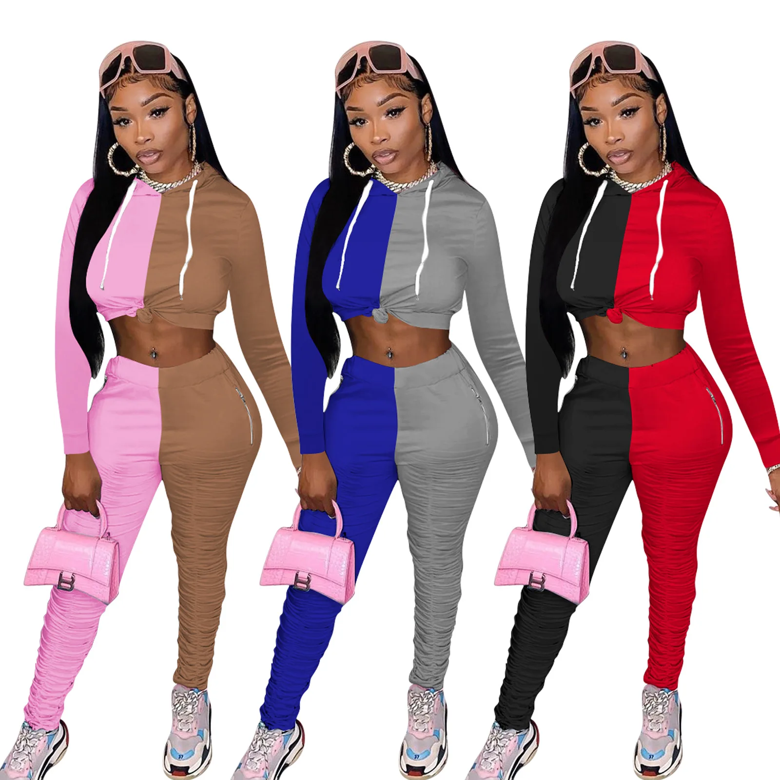 

Осенне-зимняя одинаковая Цвет с длинными рукавами с капюшоном и штаны, костюм на каждый день Модная приталенная верхняя одежда из двух част...