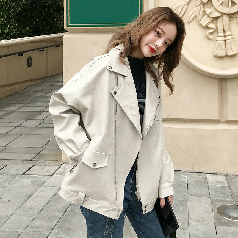 

Spring Autumn Oversized Coat Women Faux Leather Jacket Lady Black Loose Biker Motorcycle Jackets Female Punk